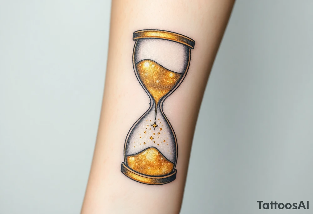 A golden hourglass where sand transforms into tiny stars, flowing down to mark the birth time, in shimmering gold and deep space black tattoo idea