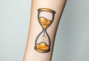 A golden hourglass where sand transforms into tiny stars, flowing down to mark the birth time, in shimmering gold and deep space black tattoo idea