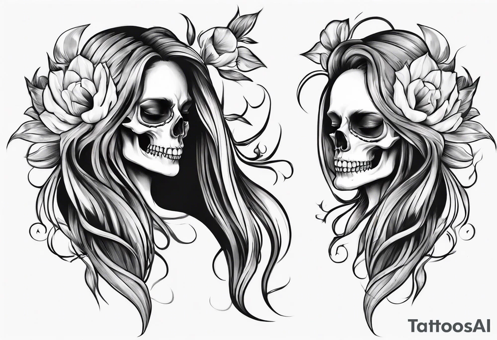 female skull with long hair, from side, tulip steem between teeths tattoo idea female skull with long hair, from side, tulip steem between teeths tattoo idea