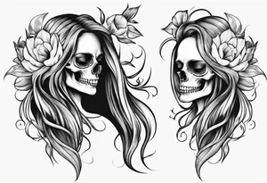 female skull with long hair, from side, tulip steem between teeths tattoo idea