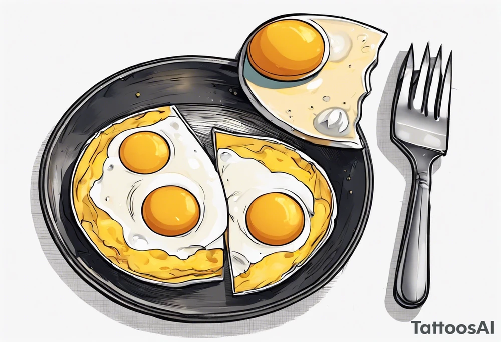 A round, thin omelette made from five eggs, with a triangular piece cut out containing the yolk tattoo idea