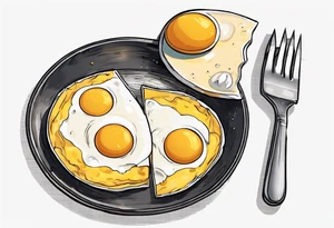 A round, thin omelette made from five eggs, with a triangular piece cut out containing the yolk tattoo idea