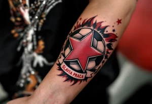 A bold black and red soccer ball wrapped in the iconic Slavia Praha star and banner. tattoo idea