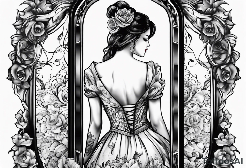 Someone in front of a standing big mirror tattoo idea