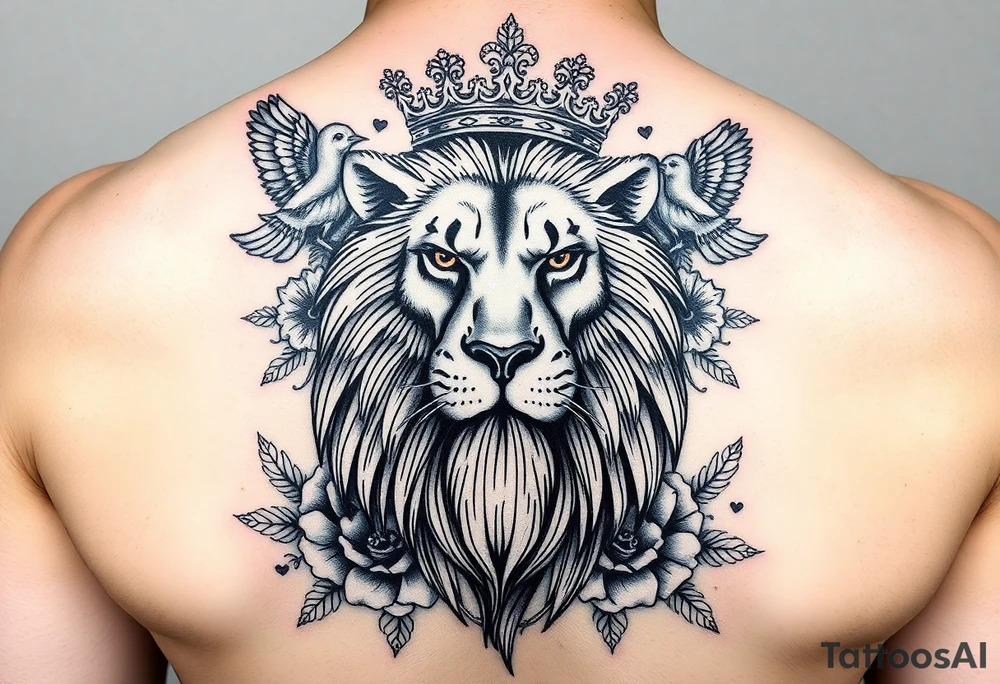 powerful majestic lion with a crown, surrounded by floral ornaments and birds tattoo idea