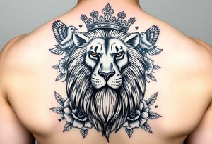 powerful majestic lion with a crown, surrounded by floral ornaments and birds tattoo idea