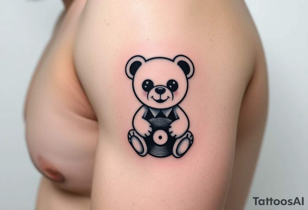 minimalist teddy bear with vinyl records as eyes smiling and sitting on a record yer tattoo idea