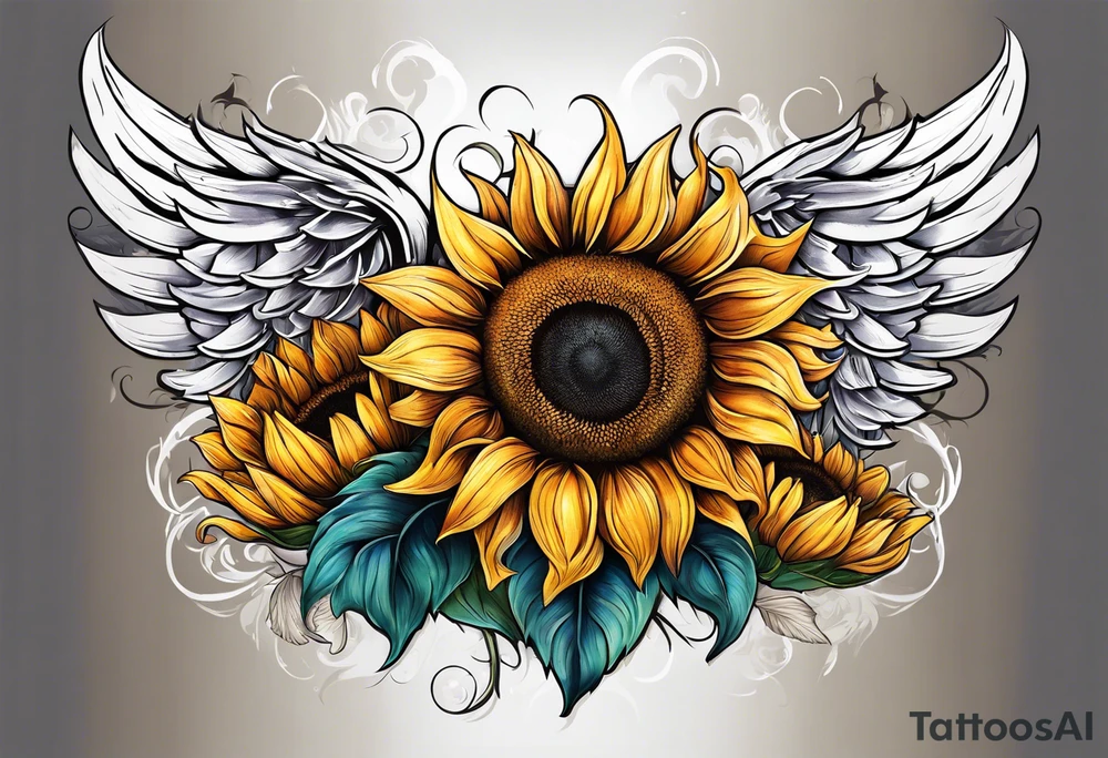 Sunflowers and angel wings leg sleeve tattoo idea