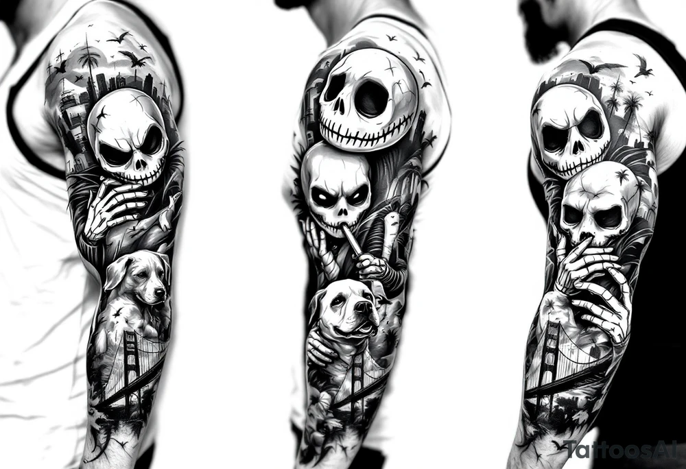 jack skellington with dog,smoking a blunt and fishing,surrounded by city buildings,golden gate bridge, birds, palm trees, tattoo idea