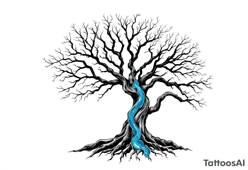 Black and white deciduos Tree with roots. Blue water inside the whole tree like many thin veins, flows from the brunches to the roots tattoo idea