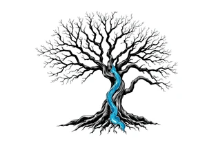 Black and white deciduos Tree with roots. Blue water inside the whole tree like many thin veins, flows from the brunches to the roots tattoo idea
