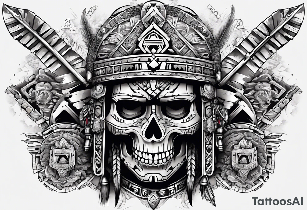 Aztec warrior skull with aztec symbols and weapons and tiger tattoo idea