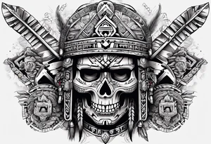 Aztec warrior skull with aztec symbols and weapons and tiger tattoo idea