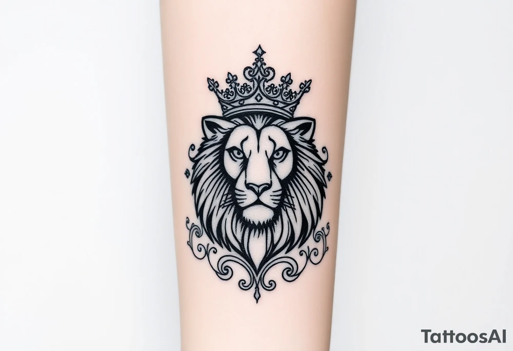 majestic lion wearing ornate crown, surrounded by baroque flourishes tattoo idea