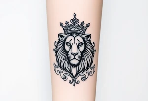 majestic lion wearing ornate crown, surrounded by baroque flourishes tattoo idea