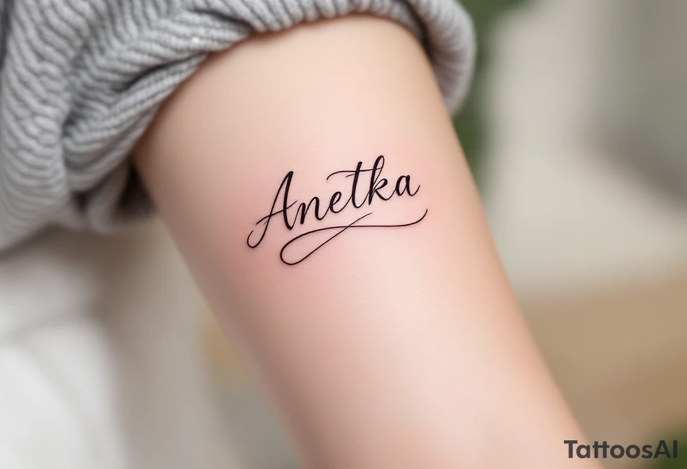 Anetka written on a flowing ribbon, shaded in soft rose gold tones. tattoo idea