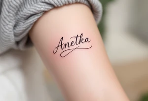 Anetka written on a flowing ribbon, shaded in soft rose gold tones. tattoo idea