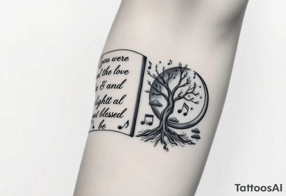 I want an open book and scripted on the left side of the pages and love and light blessed be on the right side of the pages the name tichica with the tree of life growing through the pages music notes dancing around it a crescent moon on the right side with a starry night background and dark clouds tattoo idea