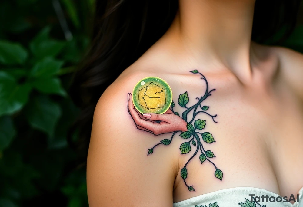 A gentle forest nymph with ivy-wrapped arms, holding a small glowing crystal ball that reflects the Virgo constellation tattoo idea