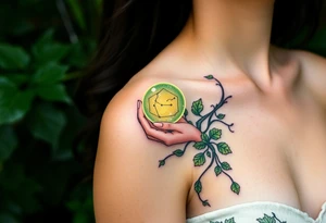 A gentle forest nymph with ivy-wrapped arms, holding a small glowing crystal ball that reflects the Virgo constellation tattoo idea