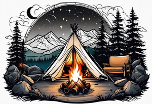tent and camp fire with stone seating 
forest mountains and the northern lights in the sky tattoo idea