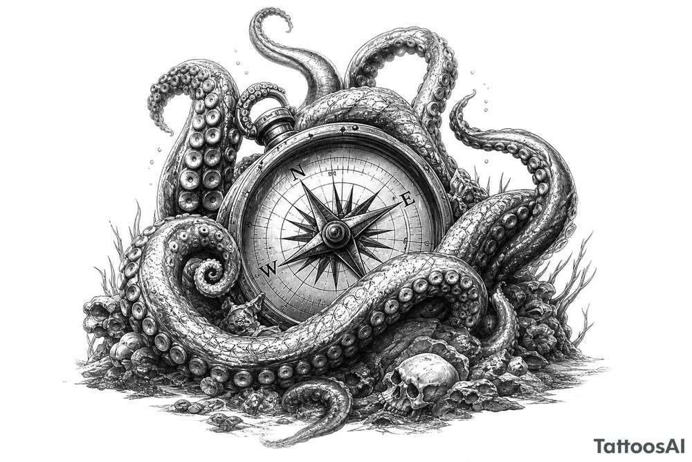 A kraken's tentacles coiling around a nautical compass on a dark ocean floor. tattoo idea