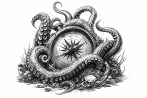 A kraken's tentacles coiling around a nautical compass on a dark ocean floor. tattoo idea