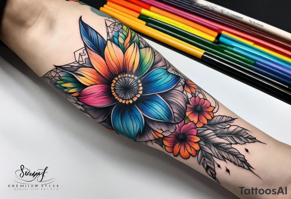 arm sleeve with dreamcatcher, rainbow flowers and one butterfly tattoo idea