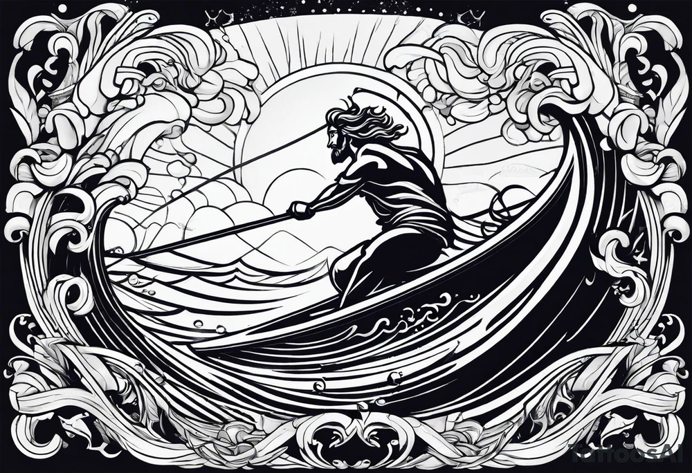 Poseidon im Vordergrund mit Windsurfer und Wellen im Hintergrund tattoo idea
