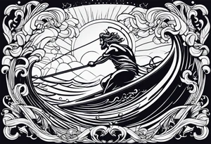 Poseidon im Vordergrund mit Windsurfer und Wellen im Hintergrund tattoo idea