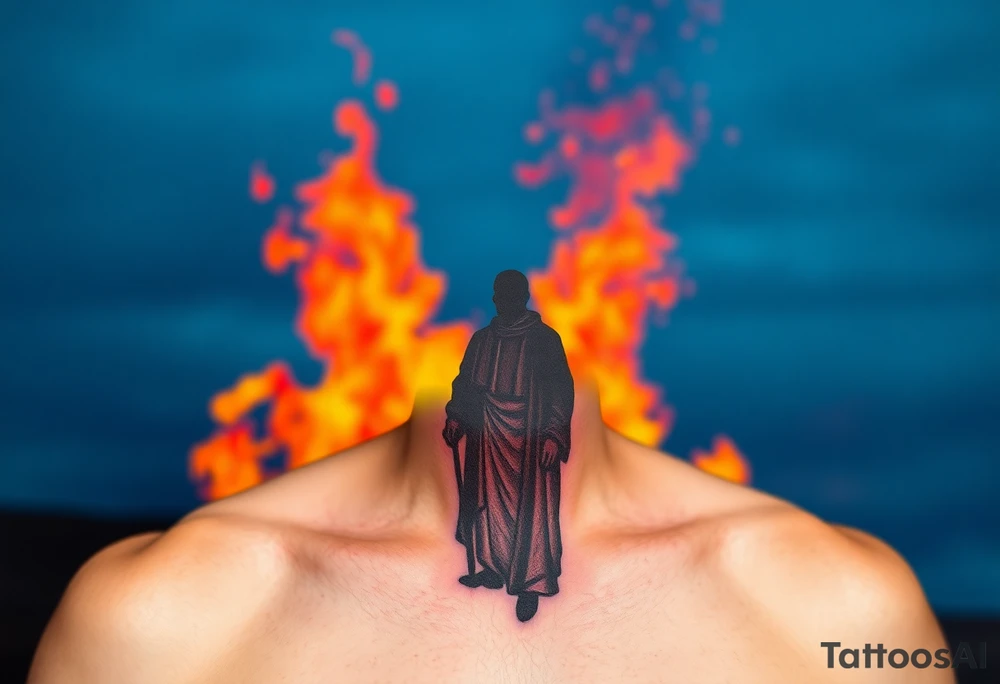 A silhouette of Jan Hus standing before a bonfire, with fiery orange and red shades blending into a deep blue sky. tattoo idea