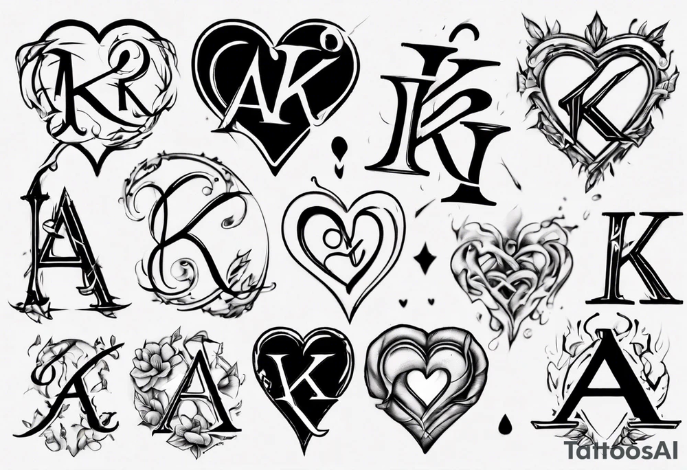 heart with the letters a and k in them tattoo idea