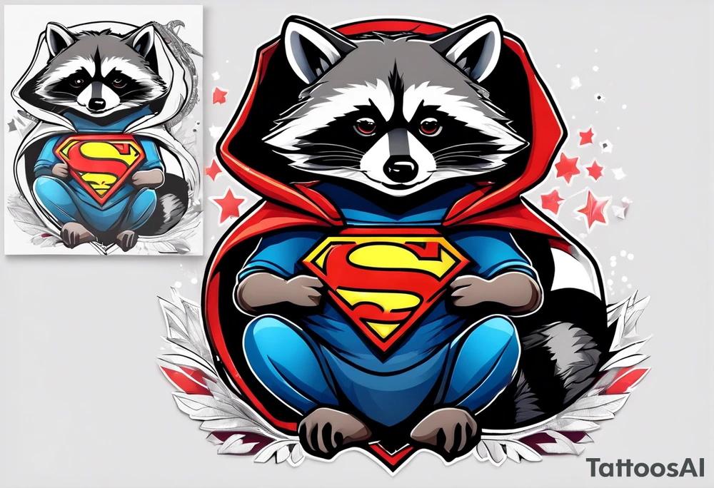 raccoon wearing a Superman hoodie tattoo idea