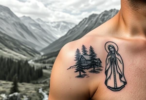 Mountainous valley with creek and a few trees with a Russian orthodox kazan scene covering my shoulder entering my upper arm with a Russian orthodox Virgin Mary tattoo idea