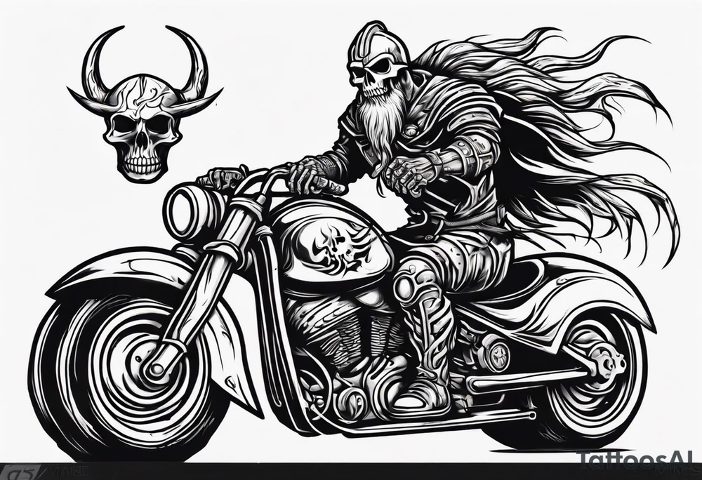 A viking skeleton riding a motorcycle with flames front view and a big viking face in the background tattoo idea