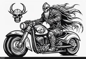 A viking skeleton riding a motorcycle with flames front view and a big viking face in the background tattoo idea