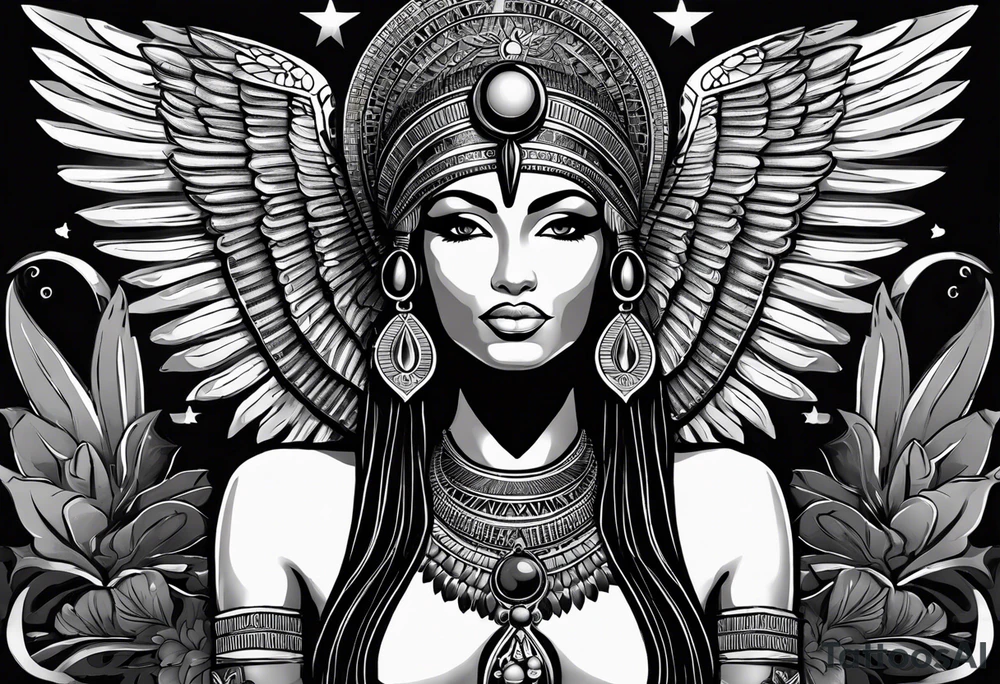 black and white Egyptian goddess Isis, who is often depicted as a woman with outstretched wings, holding an ankh (a symbol of life) in one hand and a lotus flower in the other. Her headdress often includes a throne or a solar disk. The tattoo design can vary in style and size, but it typically aims to capture the essence of this revered Egyptian deity, emphasizing her beauty, power, and maternal qualities. The choice of colors and additional elements can also be customized to create a unique and visually striking representation of the goddess Isis tattoo idea