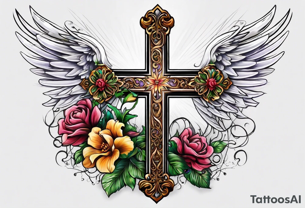 Flowers around a cross with angel wings tattoo idea