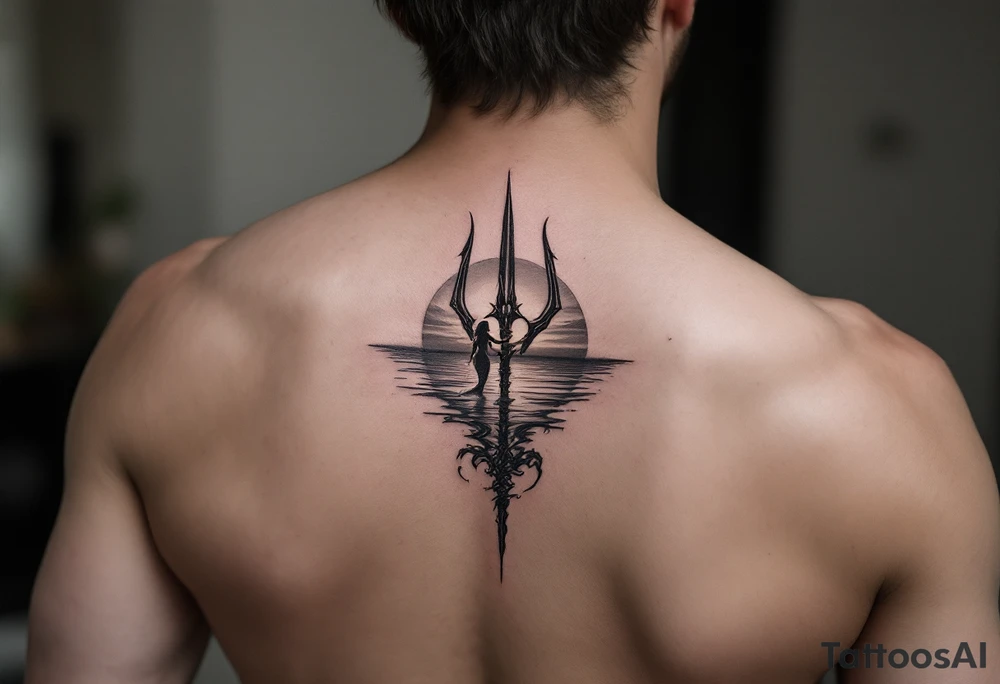 trident half way under calm water with sunset and mermaid tattoo idea