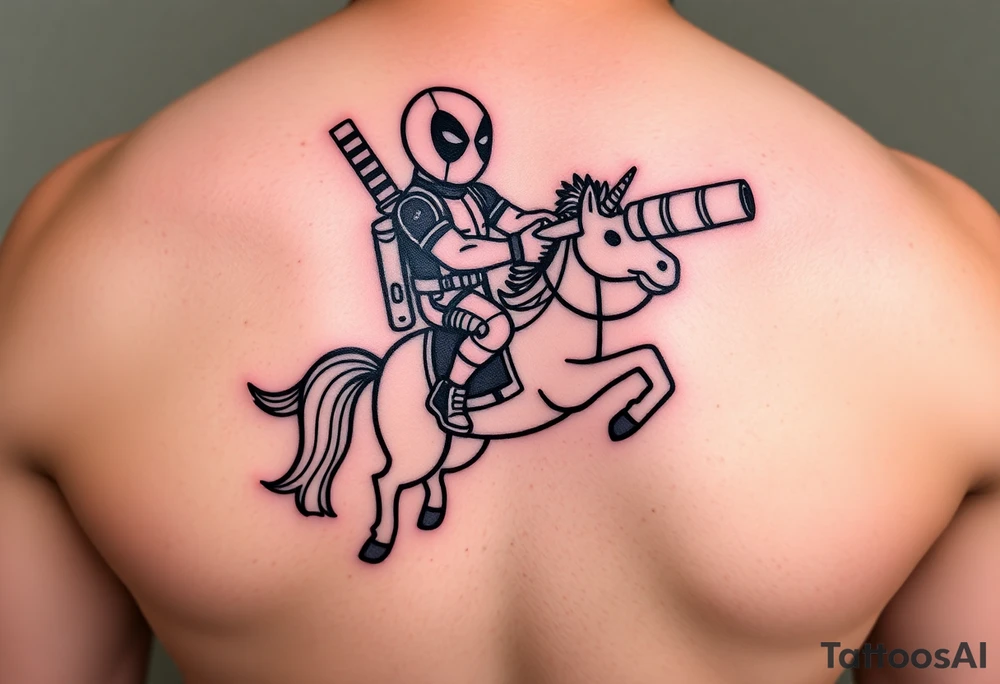 Deadpool riding unicorn pointing rocket propelled grenade launcher tattoo idea