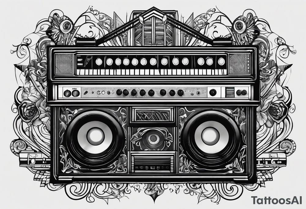 Lines and cables weave and interconnect keyboards, drums, guitars, speakers, headphones, and cassette tapes. tattoo idea