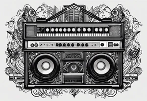 Lines and cables weave and interconnect keyboards, drums, guitars, speakers, headphones, and cassette tapes. tattoo idea