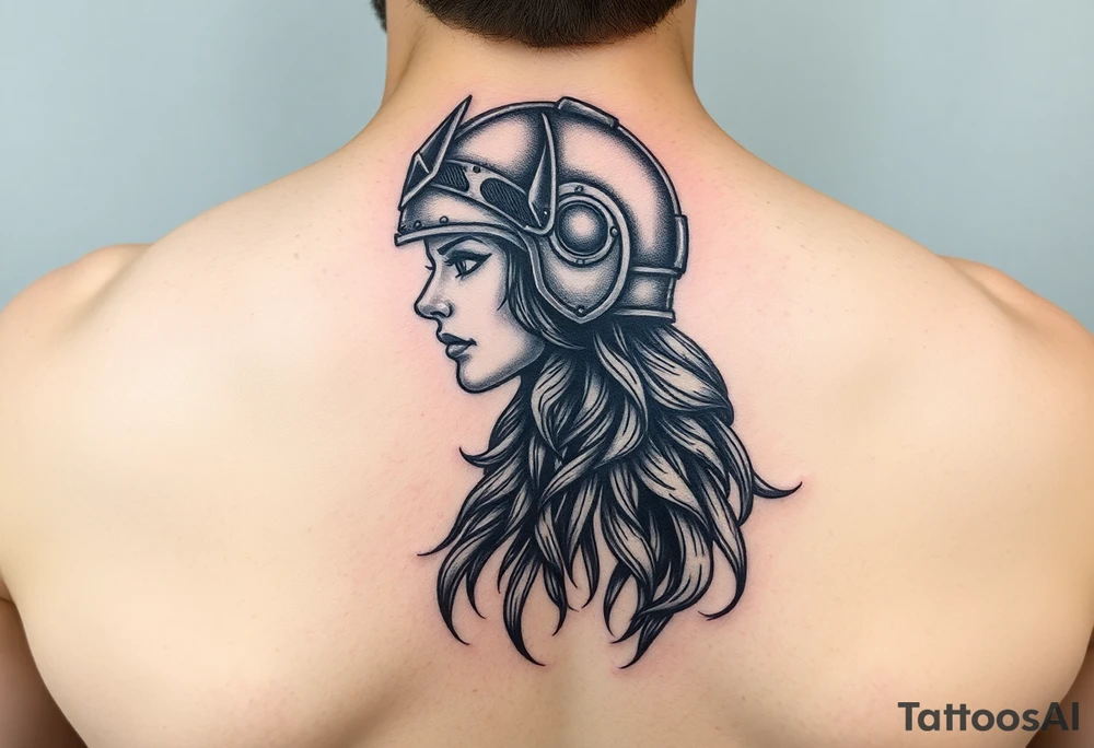 Realistic Valkyrie with helmet side profile tattoo idea