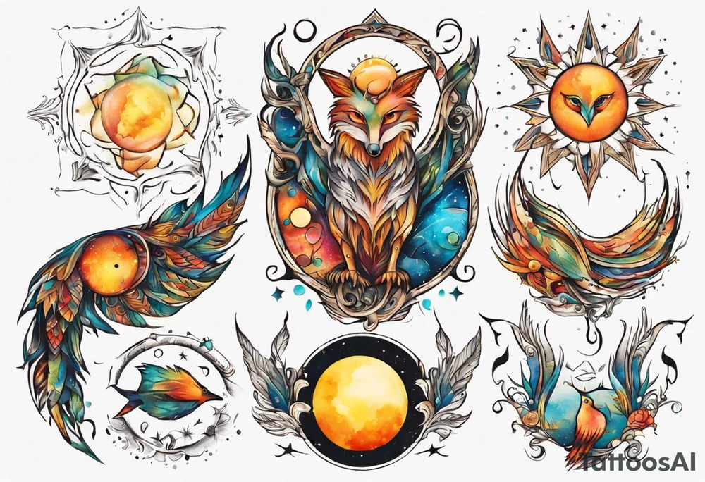 fisch, fuchs und eule , symetrie  sonne, universum, bunt, " sapere aude" tattoo idea