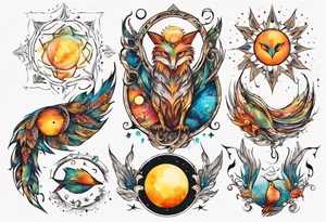fisch, fuchs und eule , symetrie  sonne, universum, bunt, " sapere aude" tattoo idea