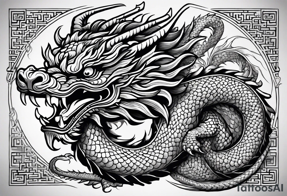 A highly detailed black and white tattoo design of a traditional Chinese dragon, coiled elegantly as if wrapping around a calf. The dragon should have intricate scales, sharp claws, and a fierce expression with long whiskers and prominent horns. The dragon's head should be positioned to face directly forward, with its gaze fixed straight ahead as if looking directly at the viewer. The body should be long and serpentine, with a fluid and dynamic motion. Traditional Chinese cloud patterns or waves should be incorporated to enhance the sense of movement and energy. The design must be well-balanced, with precise shading to create depth, ensuring it's an ideal tattoo design without any background scenery or body parts depicted. tattoo idea