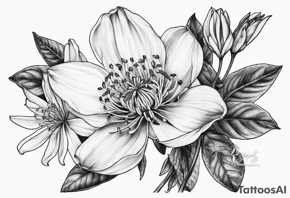 Botanical upper arm tattoo with natural and realistic looking uk English honeysuckle tattoo idea