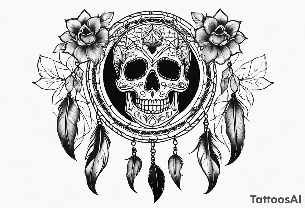 Dream catcher with multiple skulls with black flowers tattoo idea