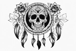 Dream catcher with multiple skulls with black flowers tattoo idea