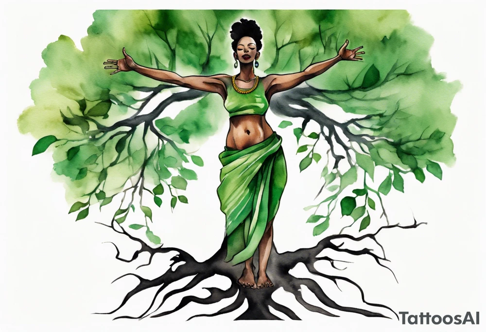 a tree trunk with roots that is a black woman from the waist up, feet made of tree roots, wearing a green tunic, arms stretched upwards towards the noon sun tattoo idea